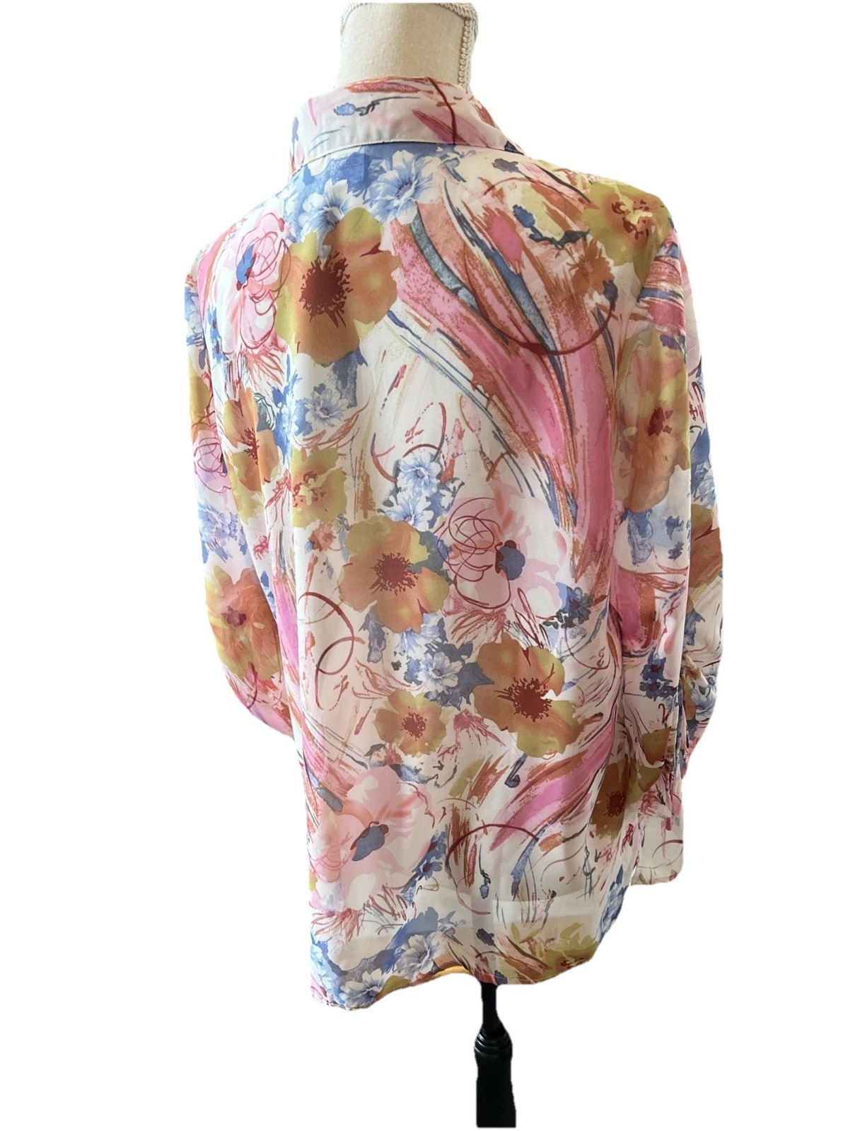 Salon Studio L Multi Color Floral Button up Blouse Semi Sheer 3/4 Shirred Slvs