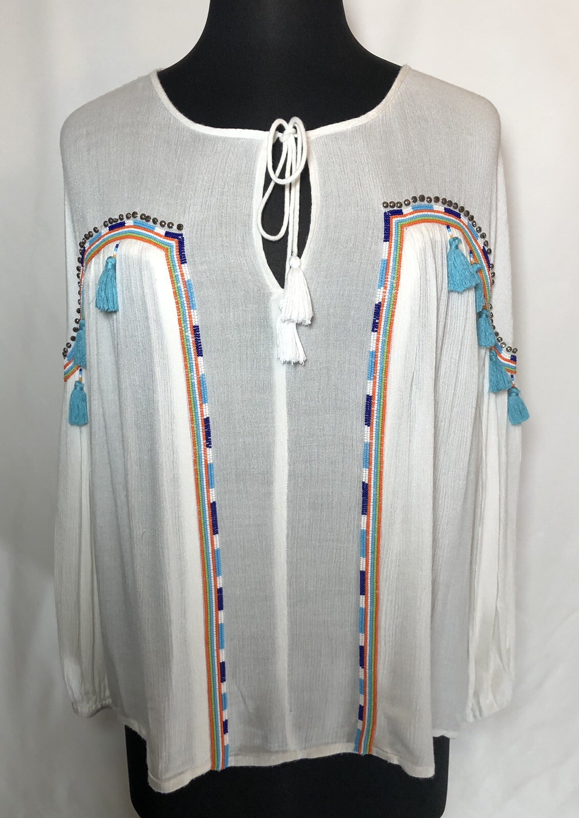 PIPER by Townsen Long Sleeve Boho Style Beads & Tassel Shirt White (Medium)