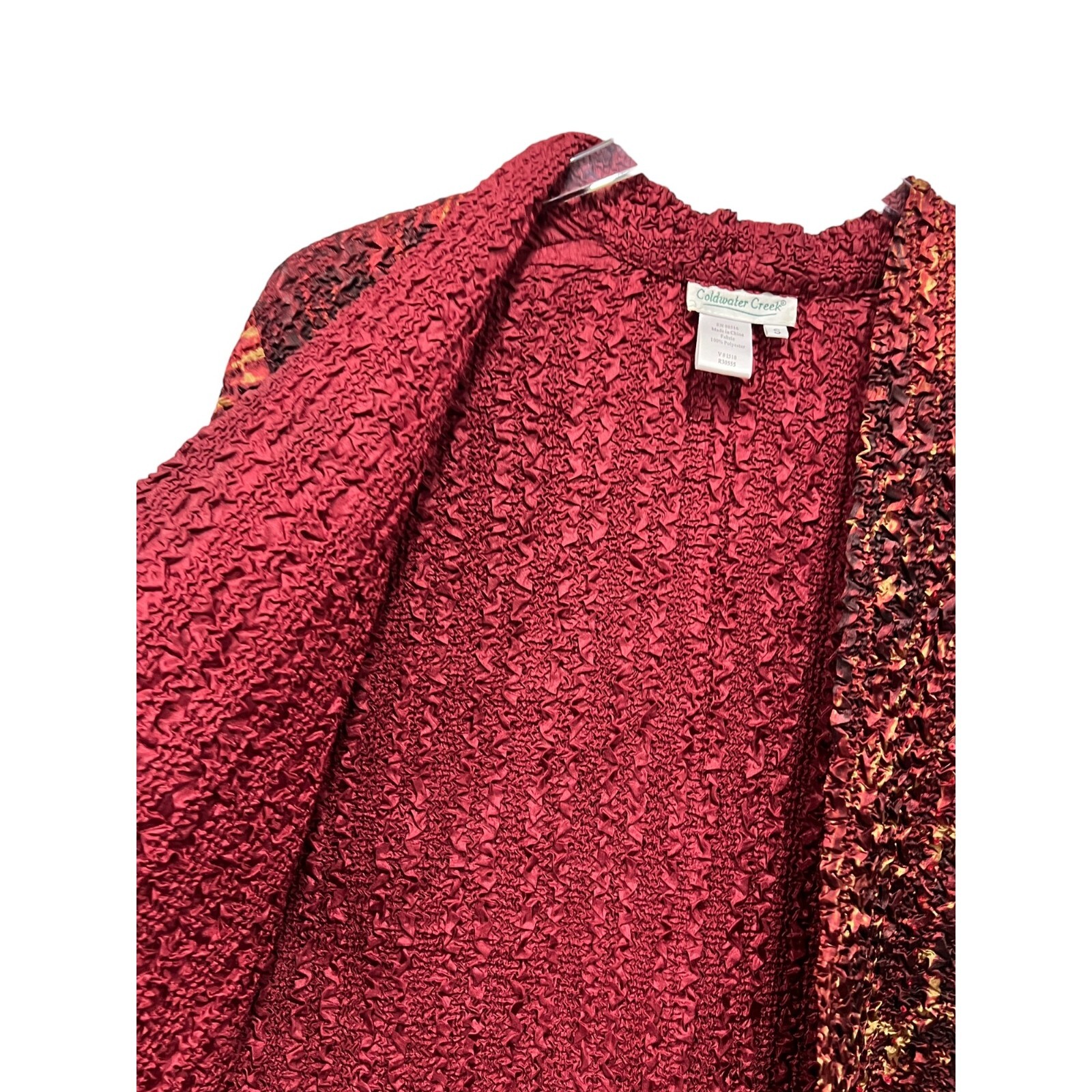 Coldwater Creek Crinkle Jacket Top Sequin Gold Burgundy Open Front Size S