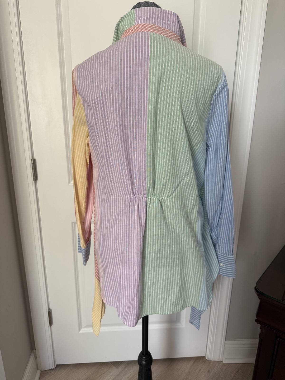 Tommy Hilfiger Women Striped Multi Colorblock Tie Front Cotton Blouse Top Sz L