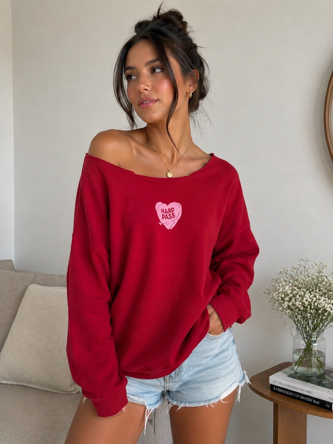 Wild Fable Hard Pass Graphic Sweatshirt Women’s Medium Red Off-the-Shoulder Pull