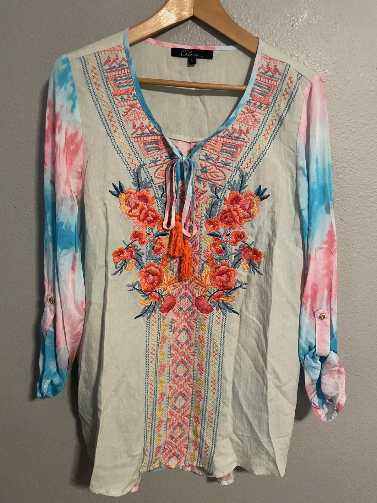 Calessa Womens Tunic Top Large Multicolor Tie Dye Embroidered Floral Tassel Boho