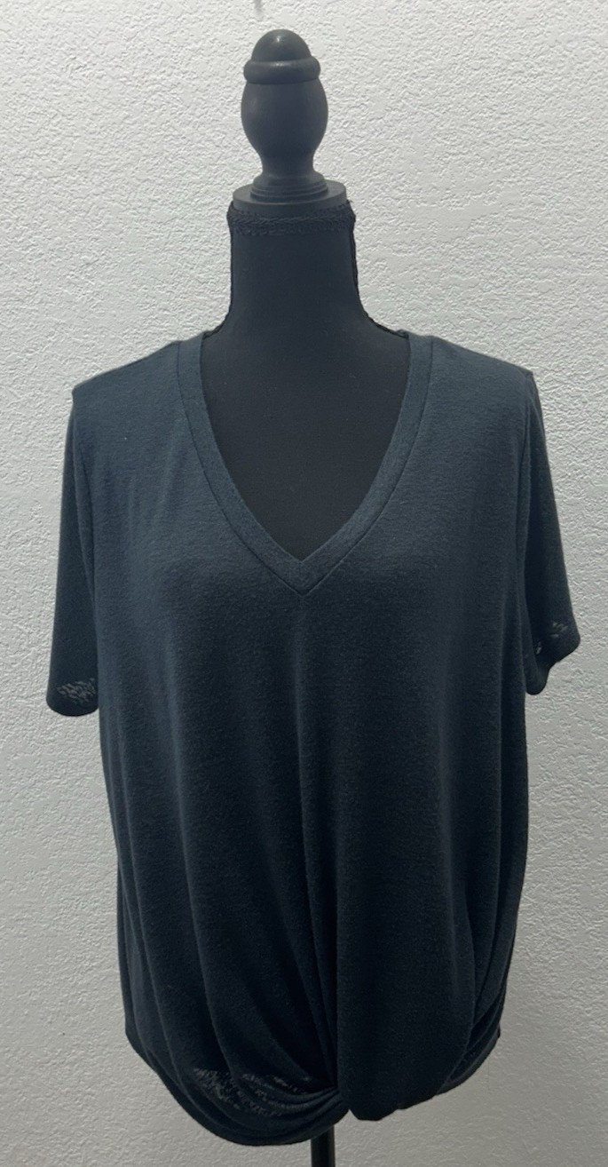 Bobeau Womens Top XL Gray Blue V-Neck Short Sleeve Knot Front Semi Sheer Blouse