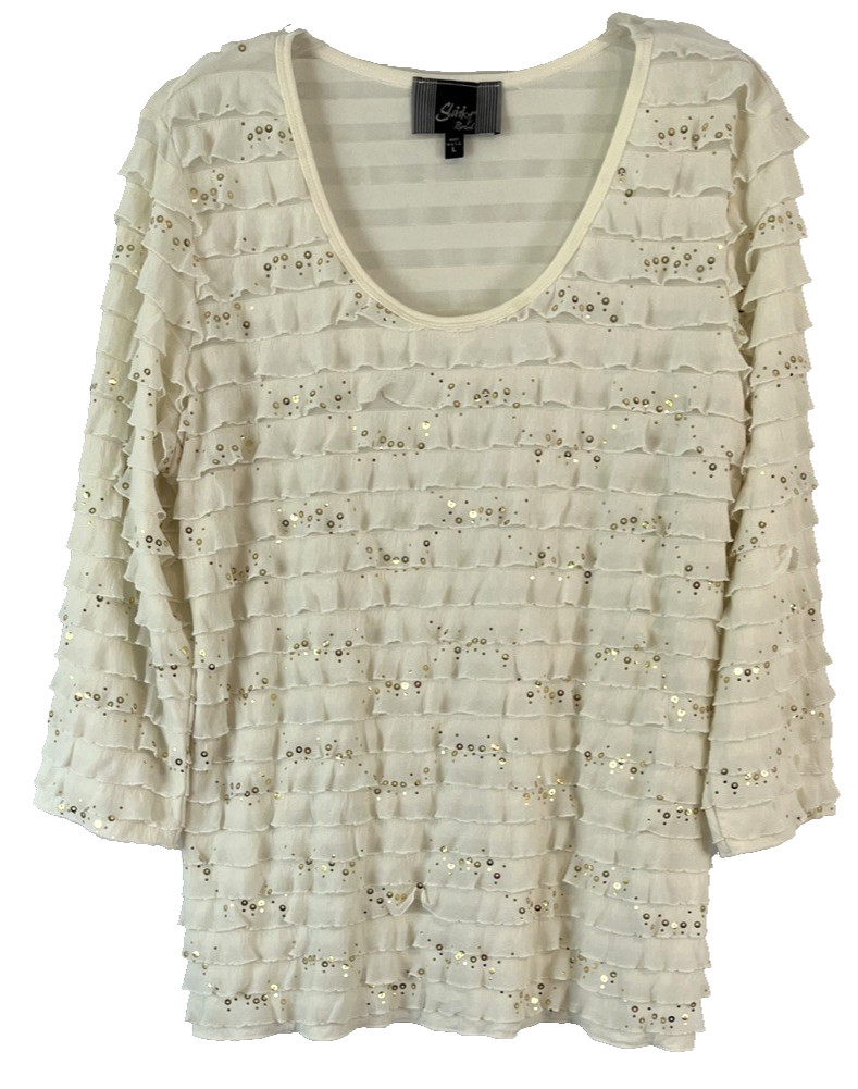 Slinky Brand Ruffle Embellished Shirt Ivory Sz L No Wrinkle Pull On Women CBL12