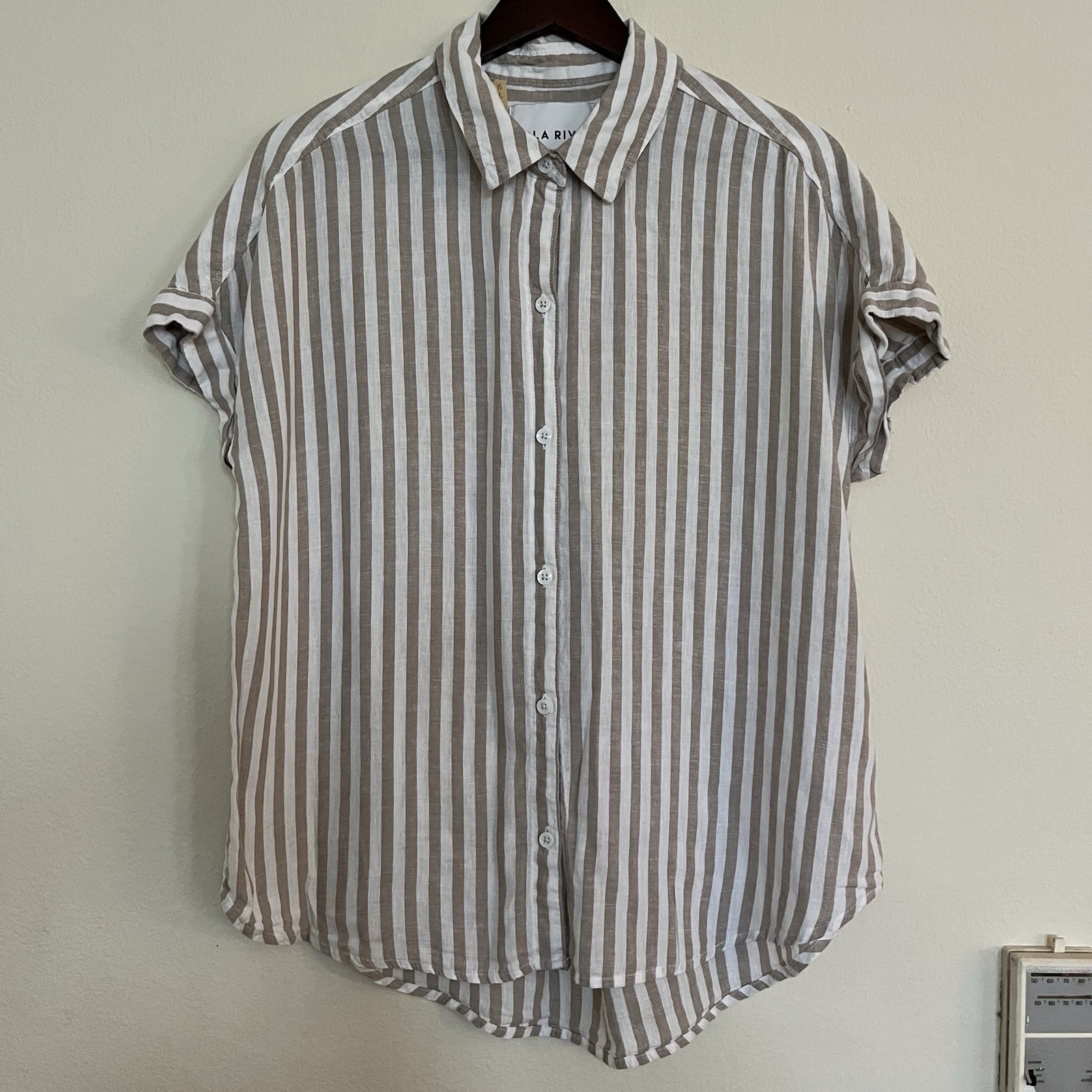 LOLA RIVER Striped Button Up Cuffed Short Sleeve Linen Tencel Shirt Blouse SZ L