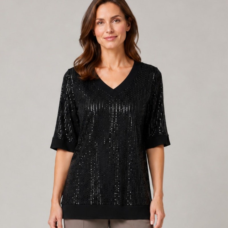 Clara Sun Woo Tunic Small Black Shiny Circles 3/4 Flare Sleeve Arsty Party