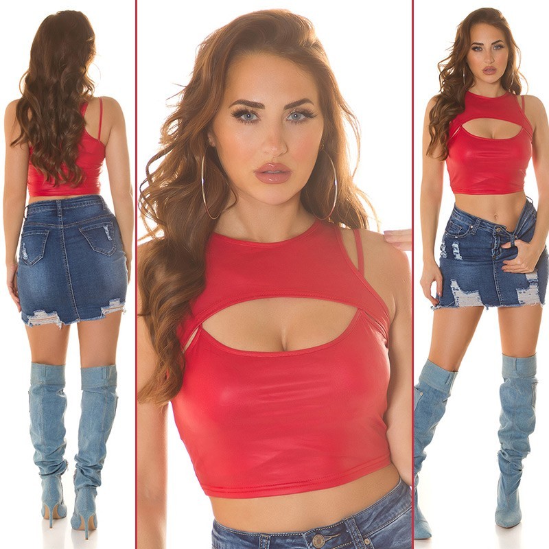 Sexy Cut Out Faux Leather Crop Top Wet Look Sleeveless Party Clubwear UK