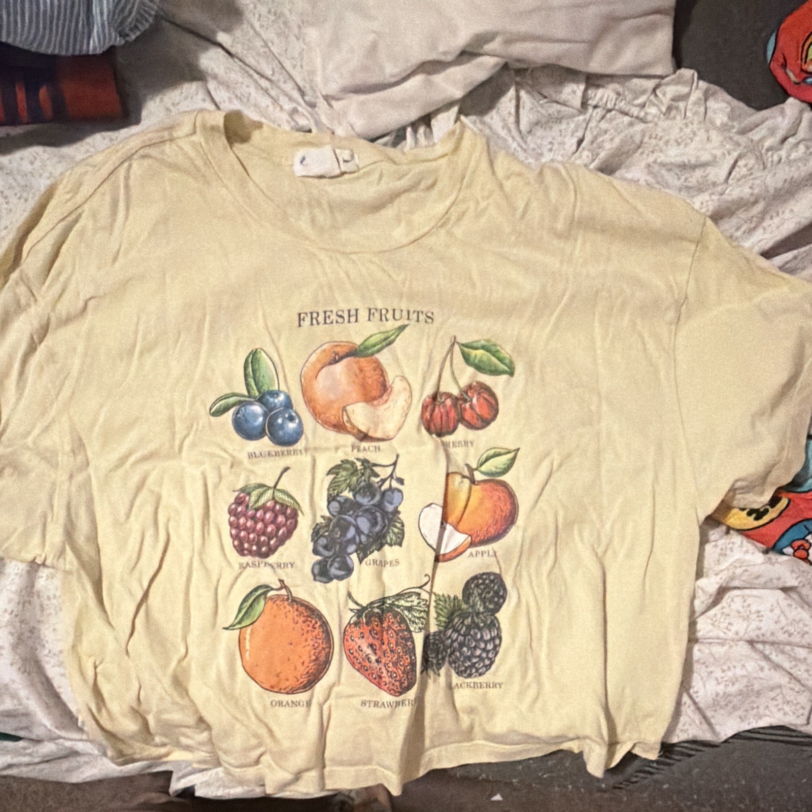 Women’s Yellow Fresh Fruits Graphic Print Crew Neck T-Shirt XL