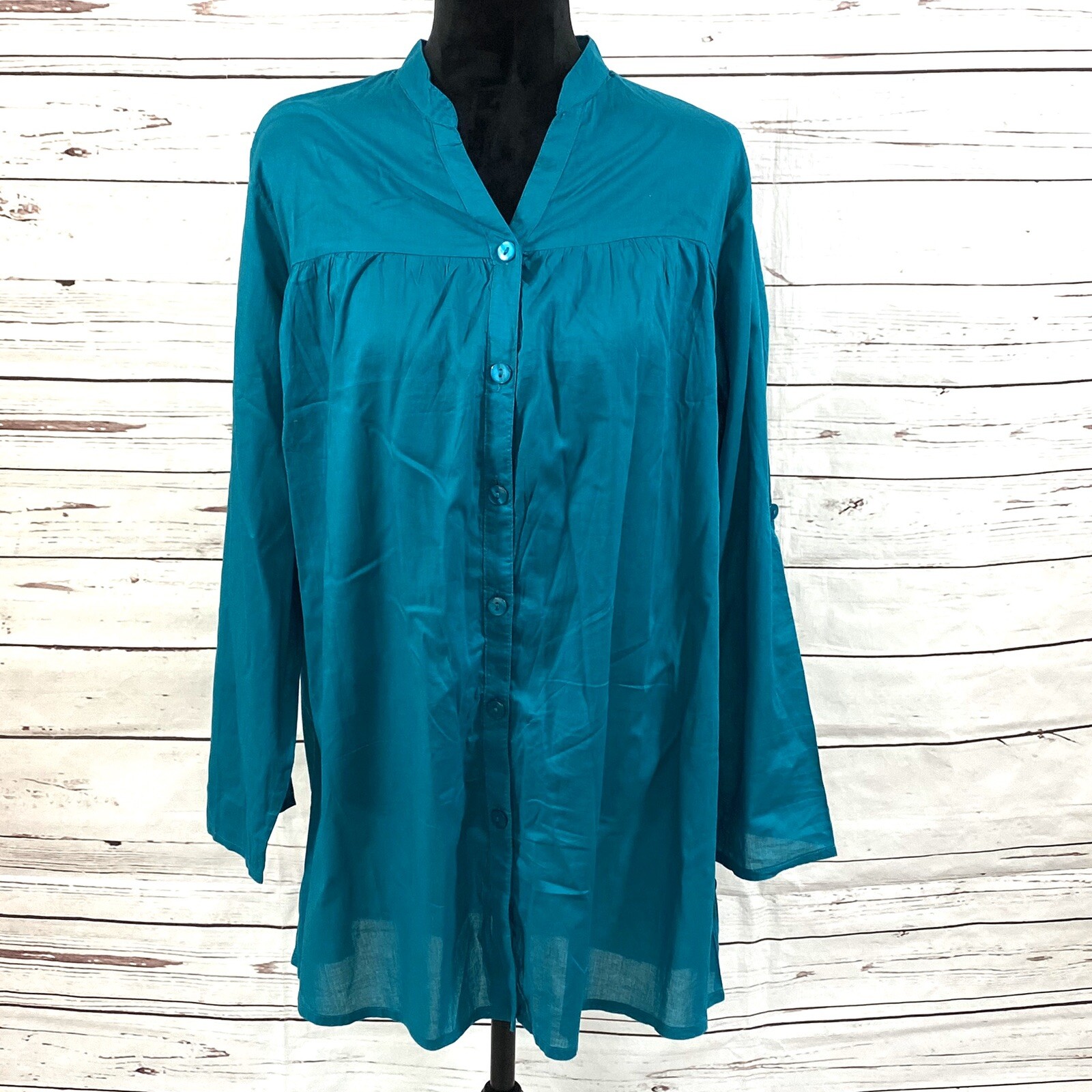 Ikebana Top Women’s 2XL Green Tunic Long Sleeve Cotton Light EUR 46/48