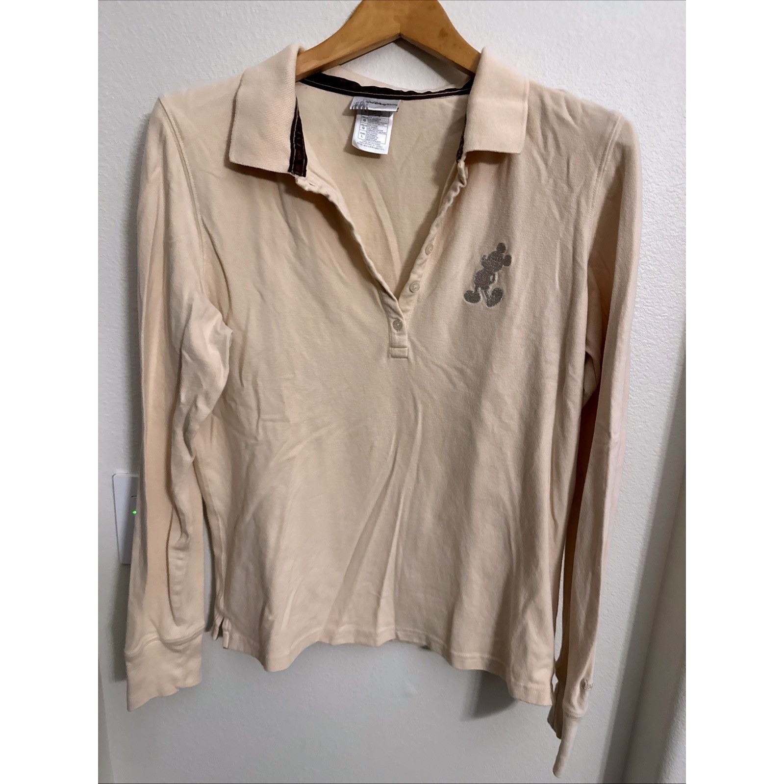 Walt Disney World Mickey Mouse Long Sleeve Polo Shirt Cream Beige Womens Large