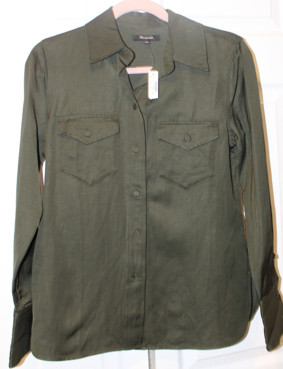 MADEWELL WOMEN’S DARK GREEN BUTTON UP BLOUSE VISCOSE/LINEN BLEND SZ 0 NWT