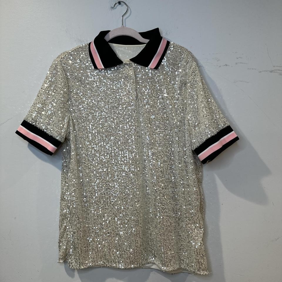 Silver sequin polo shirt with pink and black trim NEW LARGE