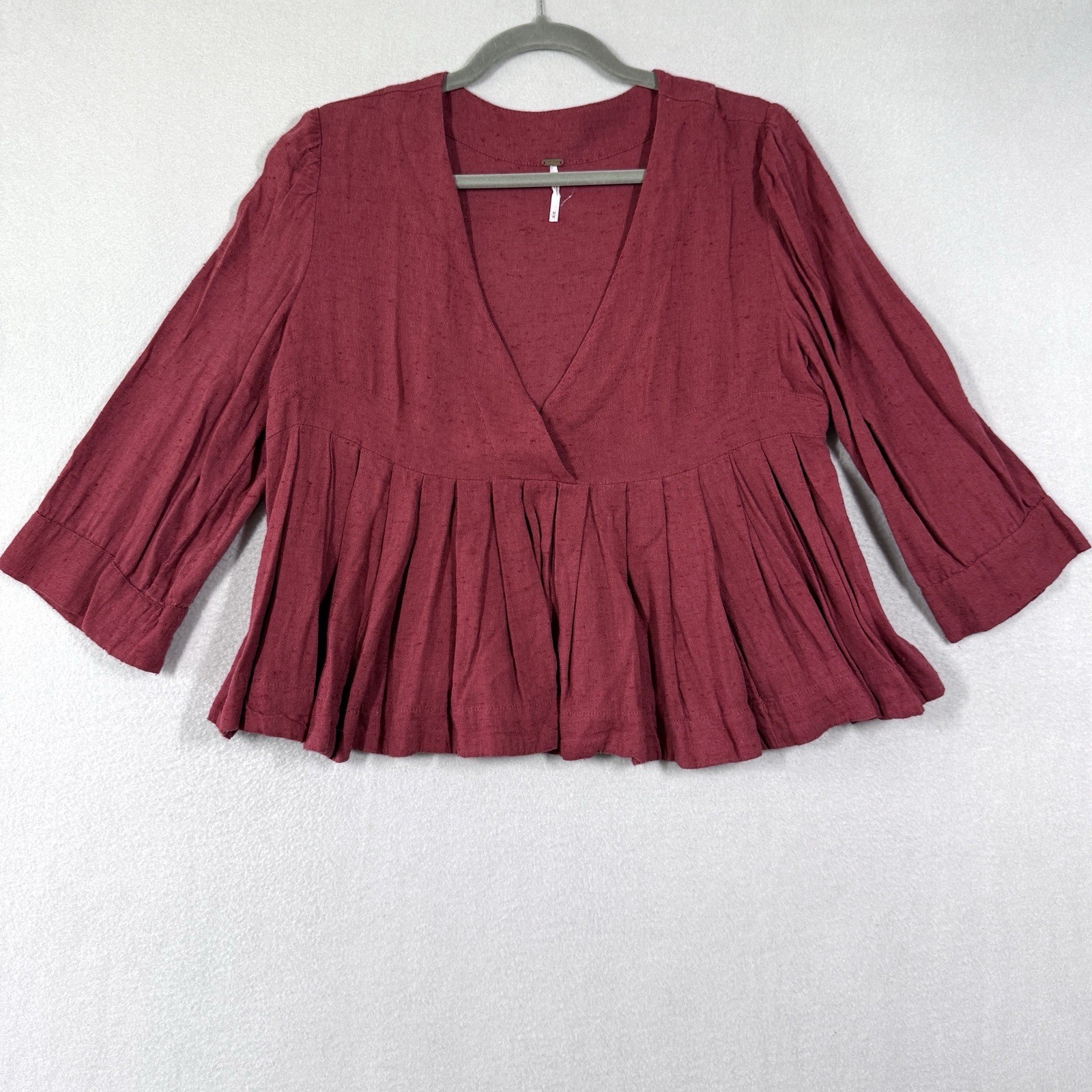 Free People Top Womens Medium Pleats On Me Cropped Babydoll 3/4 Sleeve Red Boho