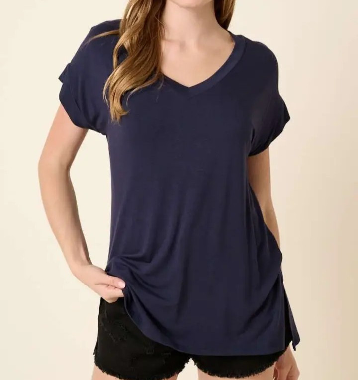 mittoshop Medium Tee Navy Bamboo Fabric V-Neck T-Shirt Short Sleeve NWT