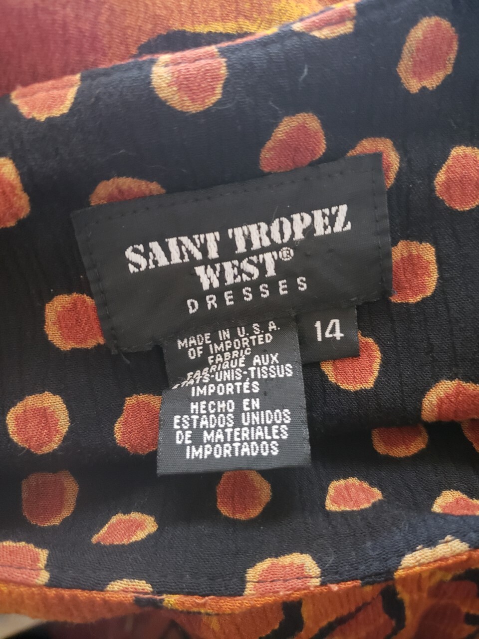 St Tropez West Sz 14 tunic top layered look orange/black print crinkle bust 44″