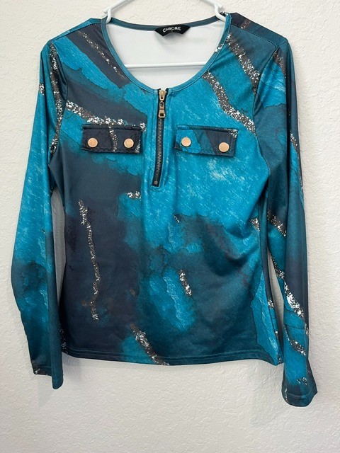 Chicme Long Slv 1/4 Zip Multi Gold Accents Shirt Sz LG Summer Fall Poly Blend