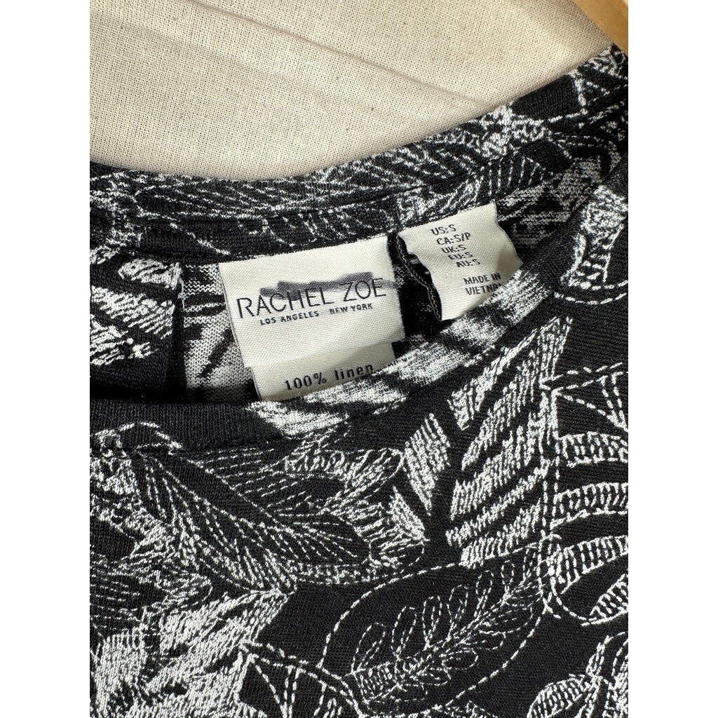 Rachel Zoe Floral Leaf Print Sleeveless Blouse Size Small 100% Linen Black