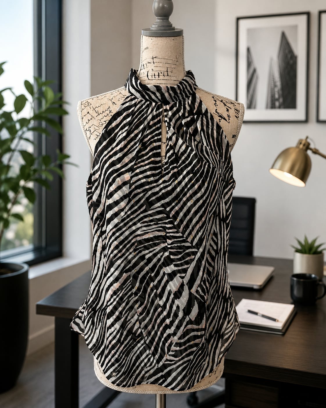 White House Black Market Size 10 Zebra Print Halter Neck Sleeveless Blouse