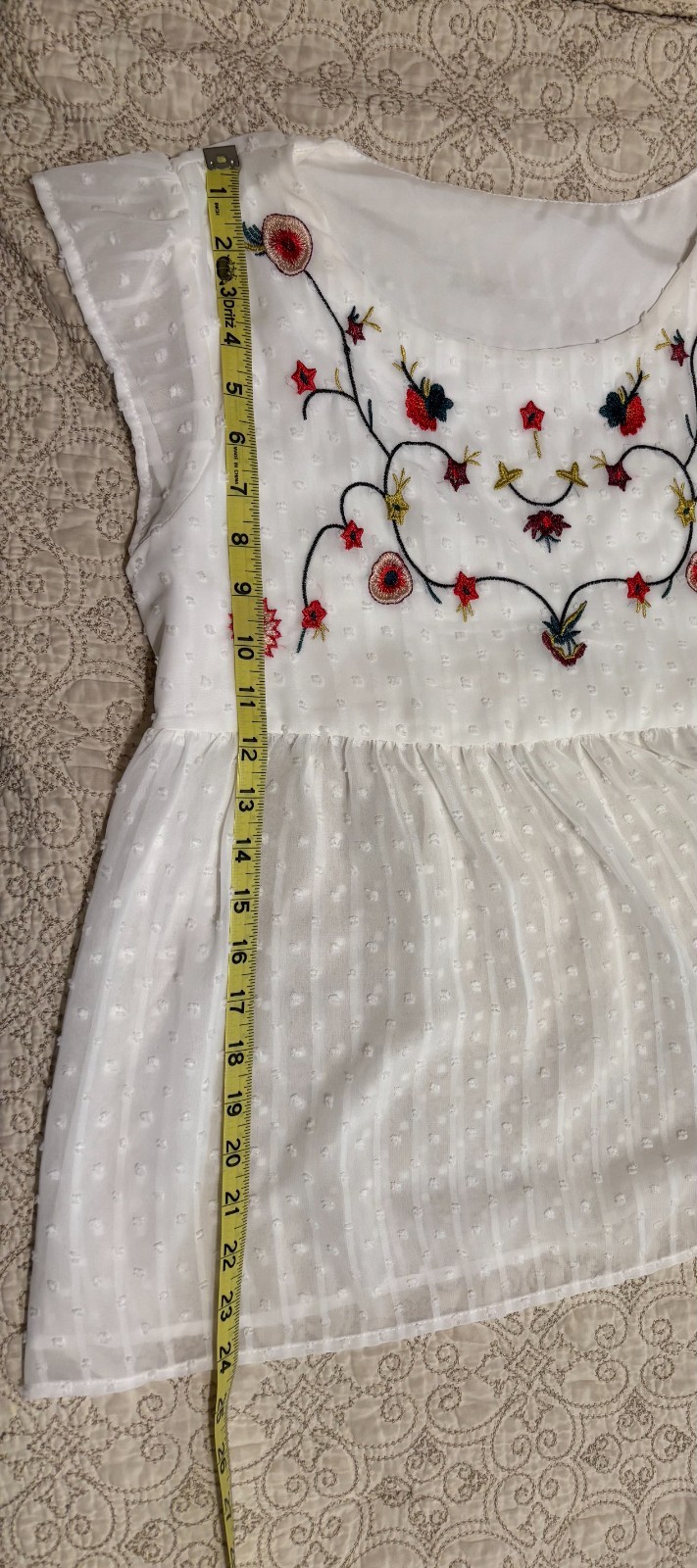 SHEIN Boho Floral Embroidered Swiss Dot Babydoll Blouse White Size L Large
