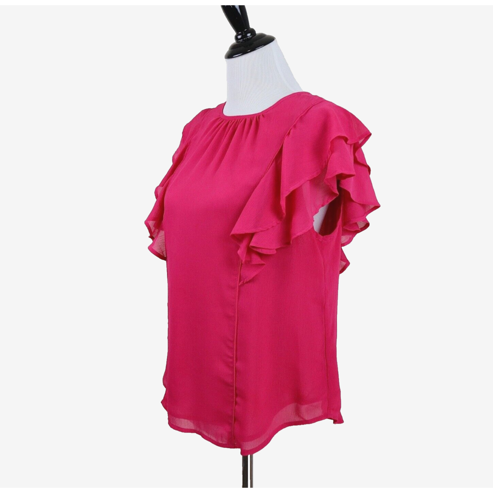 Ann Taylor Size M Flutter Sleeve Blouse Crinkle Chiffon Fuchsia Pink