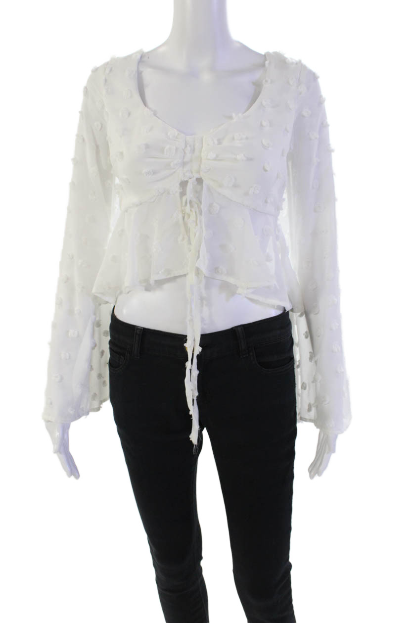 Lovers + Friends Womens Sheer Spotted Tie Detail Cropped Blouse White Size XXS