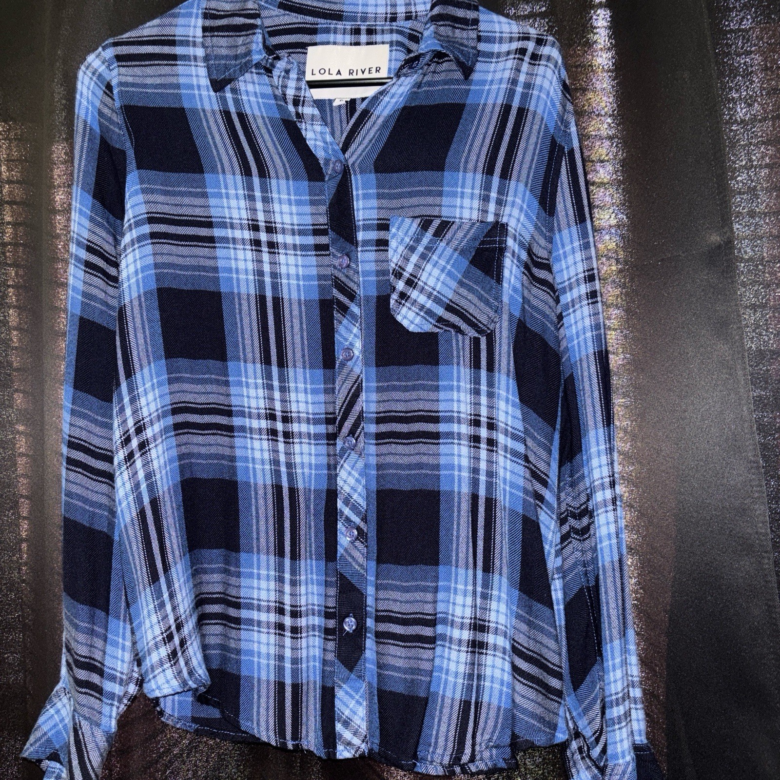 Lola River Women’s Blue/Black Plaid Collared Long Sleeve Button-Up Shirt S