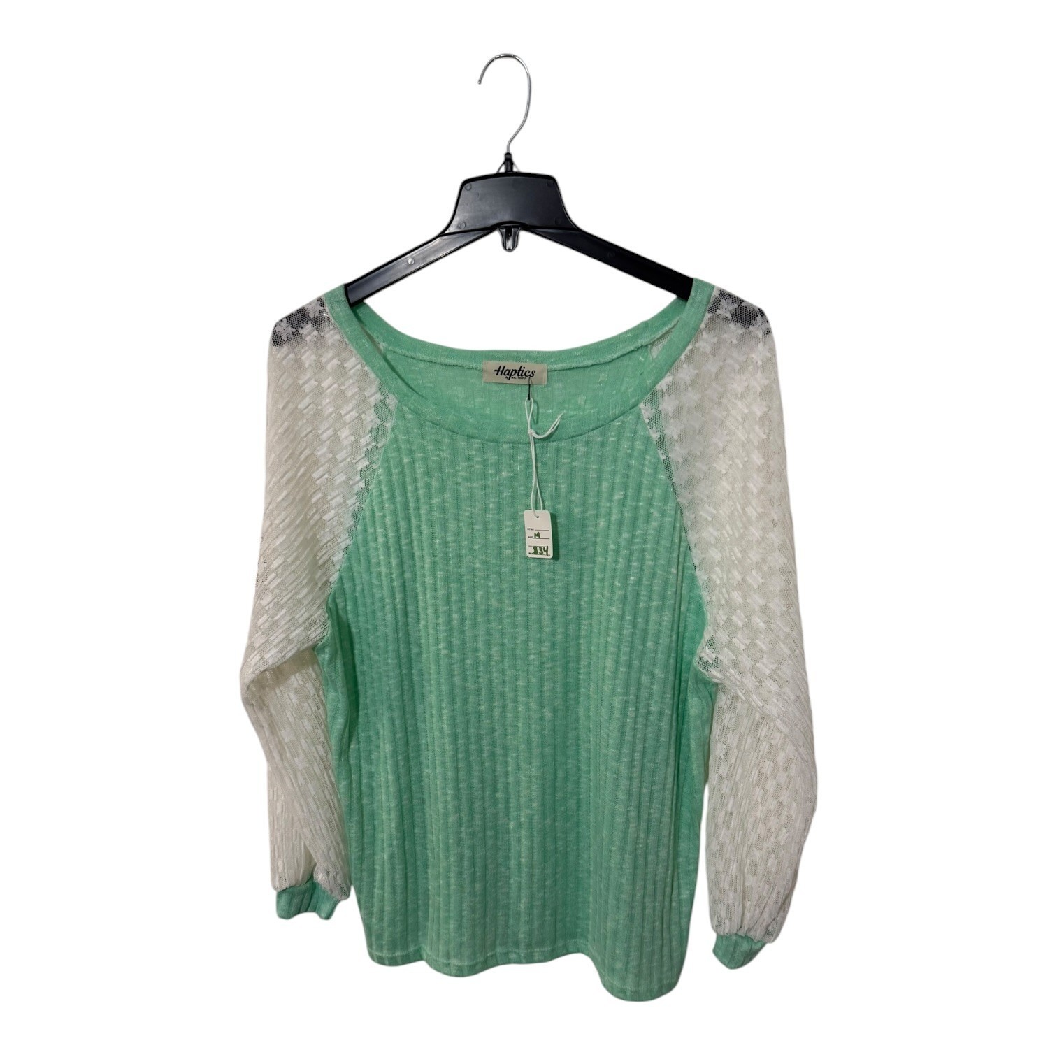 Haptics Mint Green Ribbed Top White Lace Raglan Long Sleeve HT2204A Womens Med