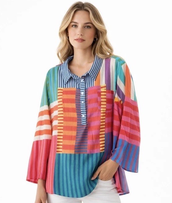 Women’s Plus 5X Oversized Collared Multi-Striped Long Sleeve Tunic Top