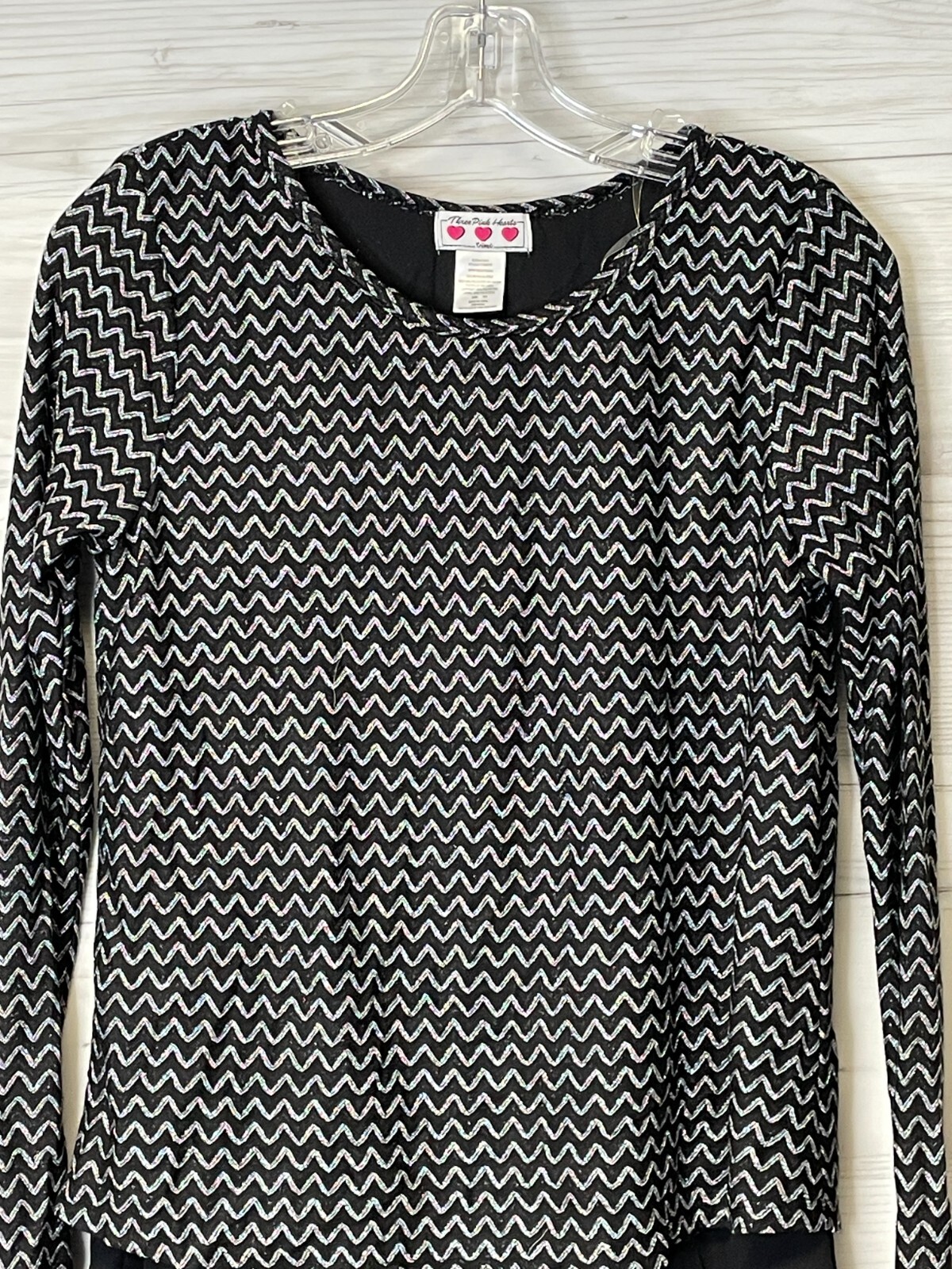 Three Pink Hearts Top XS Womens Black Silver Long Sleeve Lined Blouse