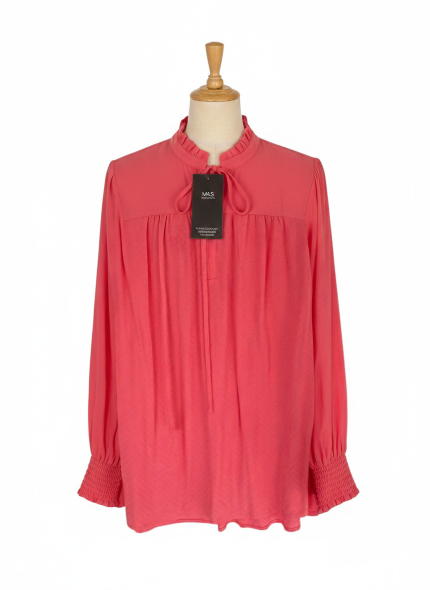 M&S Collection Pink Viscose Blouse Womens UK 16 Long Sleeve Frill Neck Top