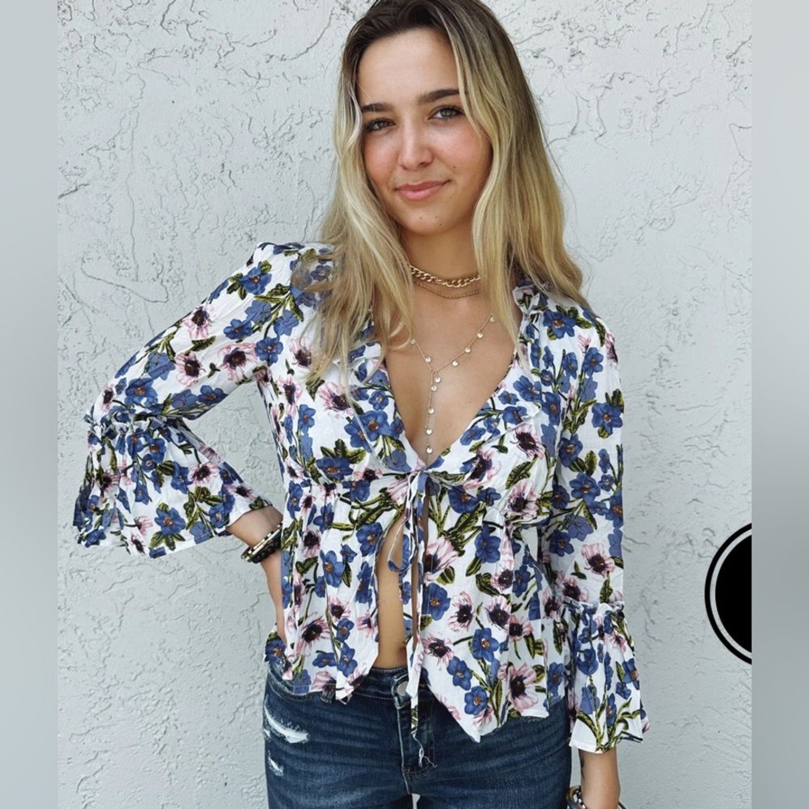 Blue B purple and green Floral kimono top. Size small. NWT. cottagecore
