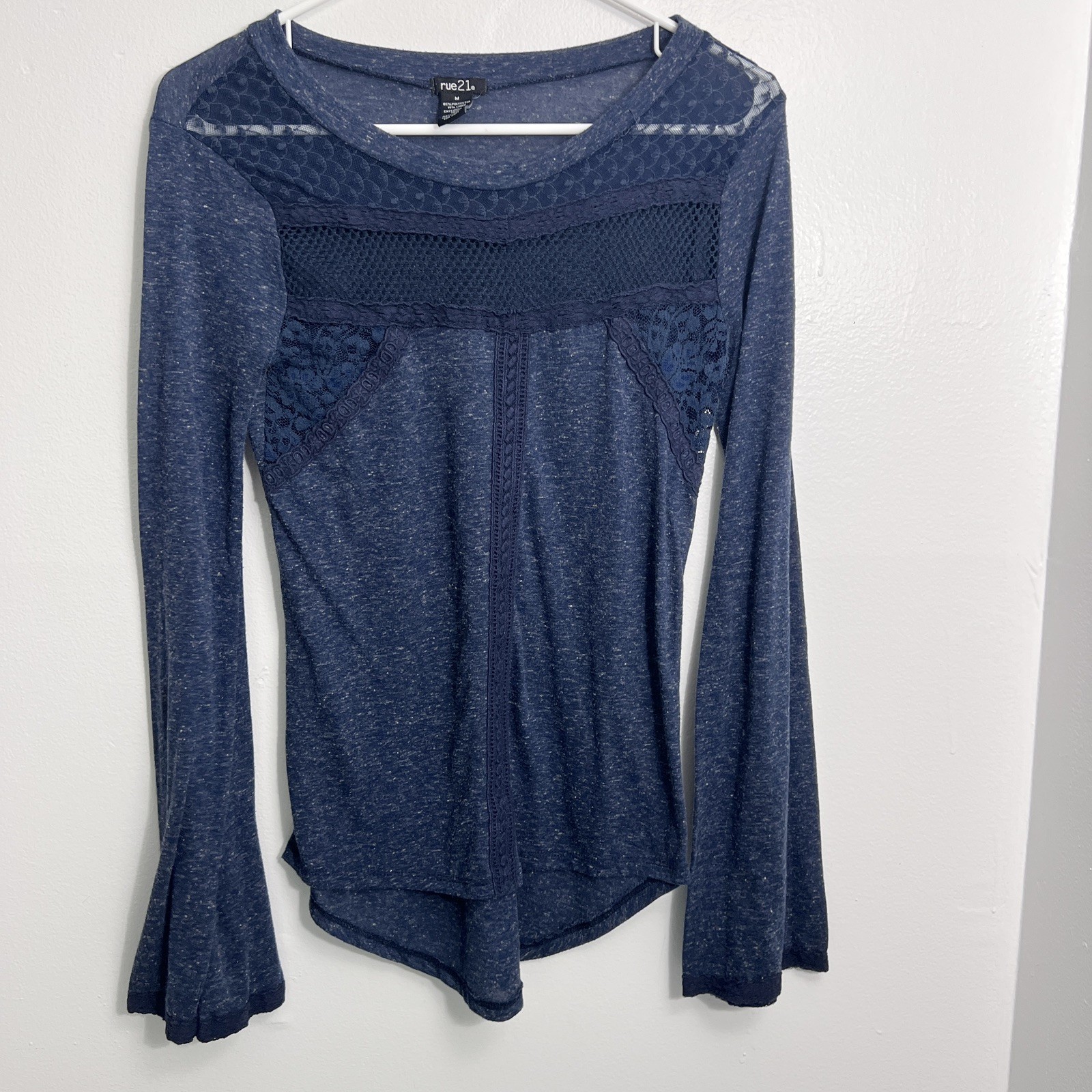 Women’s Rue 21 Long Sleeve Top Dark Blue Mesh and Lace Front Autumn Winter