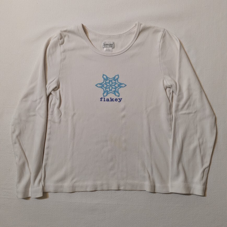PajamaGram T-Shirt Womens SM Long Sleeve White FLAKEY Graphic Tee 100% Cotton