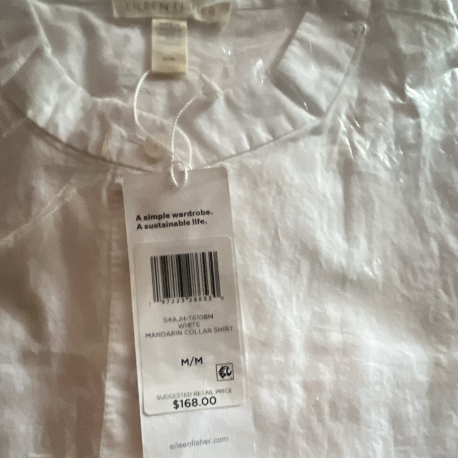 NEW Eileen Fisher M White Solid Linen Woven Mandarin Collar Button-Up Shirt
