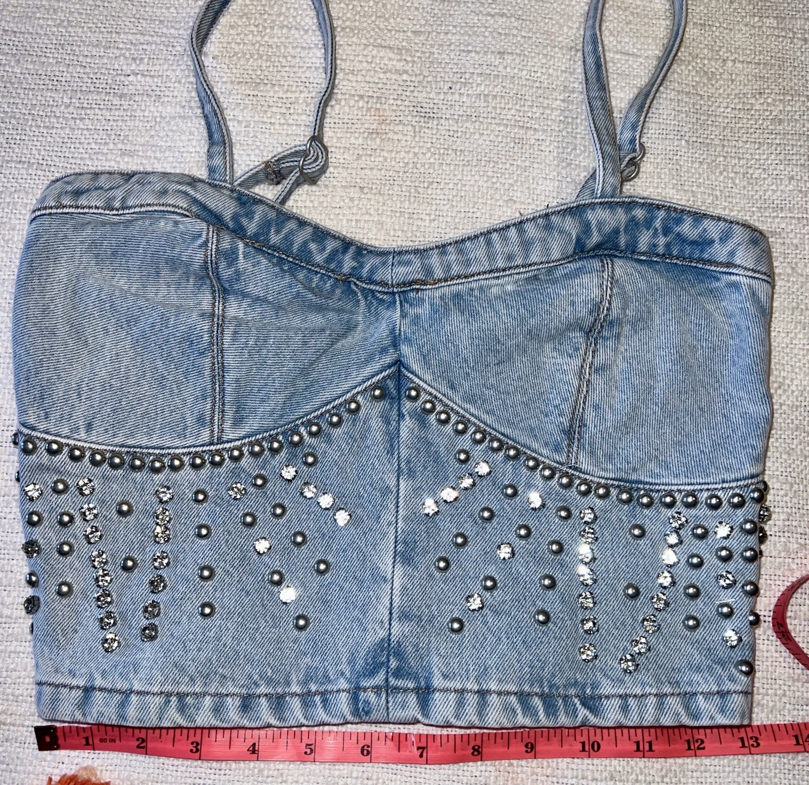 NWT BLANK NYC Light Wash Starstruck Embellished Denim Crop Top MED Festival Hot