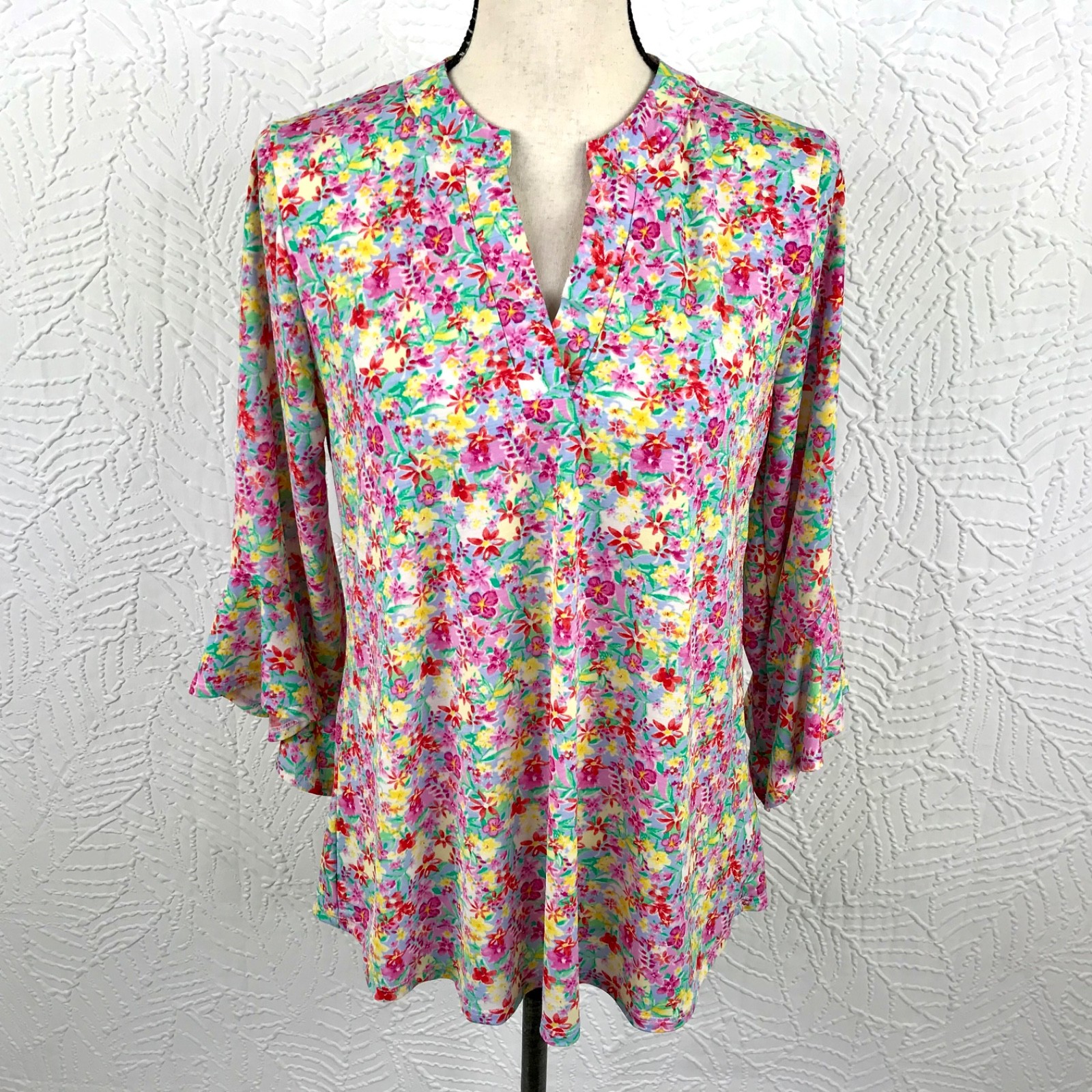 Dear Scarlett Boho Tunic Top Blouse Size S Pink Floral Bloomcore Ruffle Sleeves