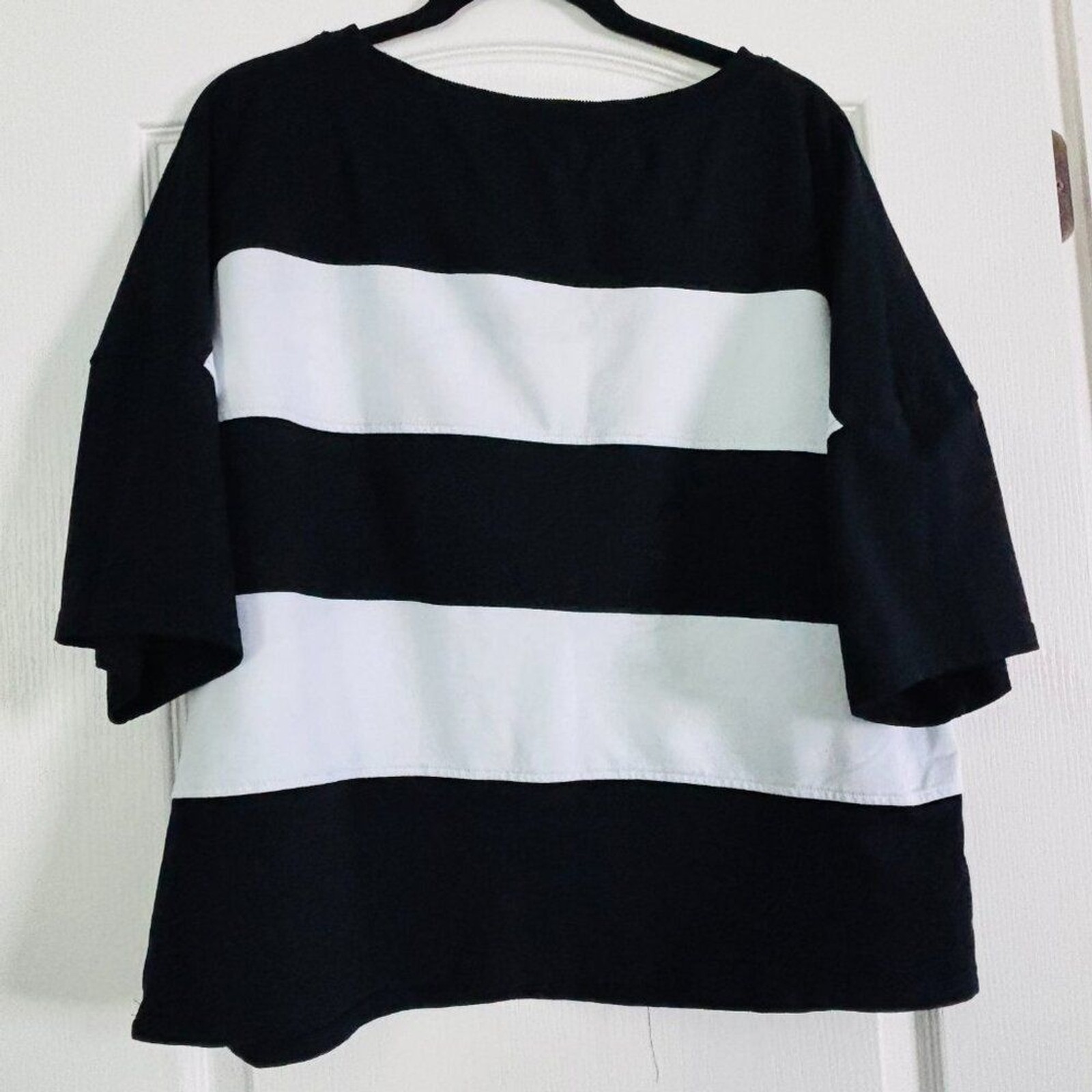 ZESICA Black White Striped Knit Sweater Casual Chic 3/4 Sleeve Top