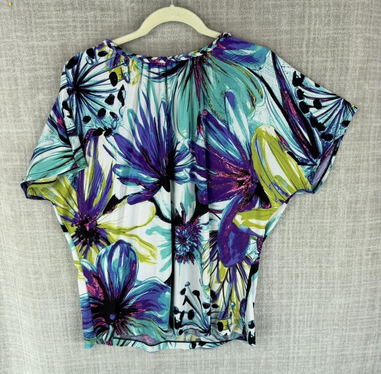 Nue Options Blouse Womens L Multicolor Floral Kimono Sleeve Stretch Lightweight