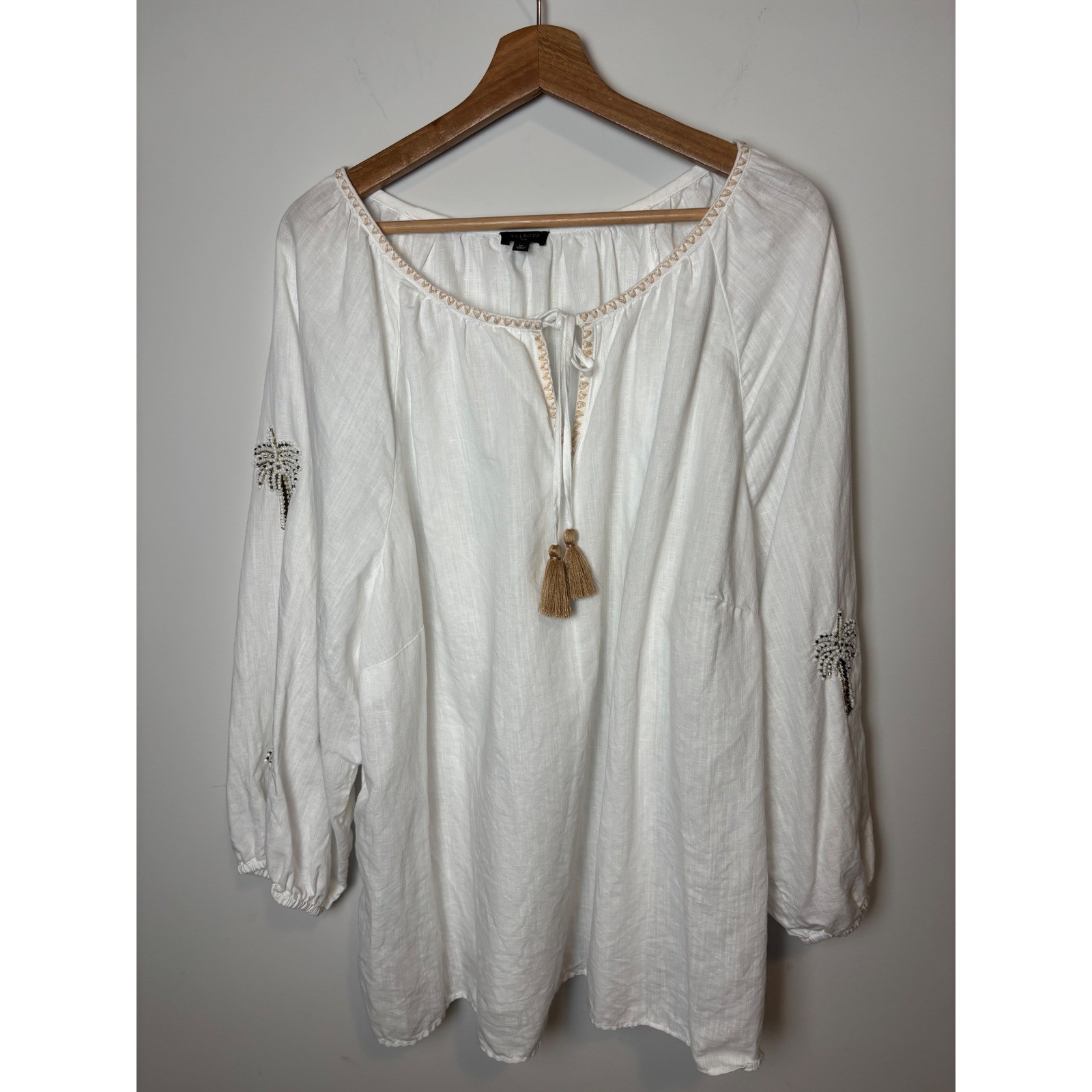 Talbots Plus Womens White Linen blend Beaded Palm Tree Tassel Peasant Top 3X