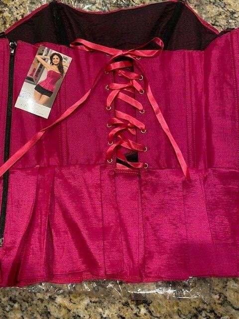 WOMENS PLEATED CORSET SIDE ZIPPER WITH LACE TIE UP BACK SIZE 34 HOT PINK
