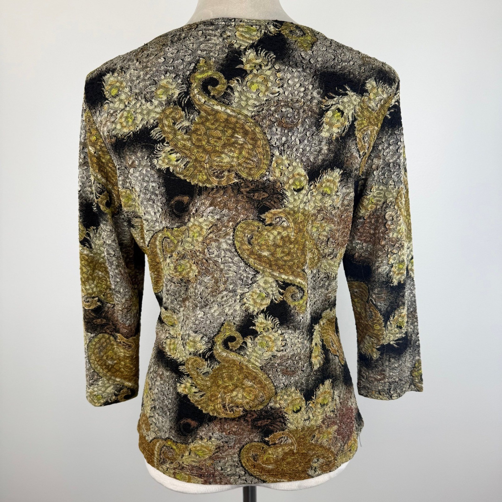 Vintage Y2K Brittany Black Textured Paisley Stretch Top Gold Multi 3/4 Sleeve M