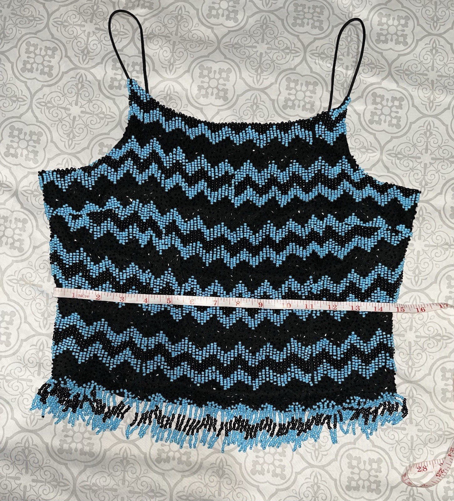 Vintage Beaded Camisole 80s Turquoise Black Chevron Fringe Spaghetti Y2K Sz L?