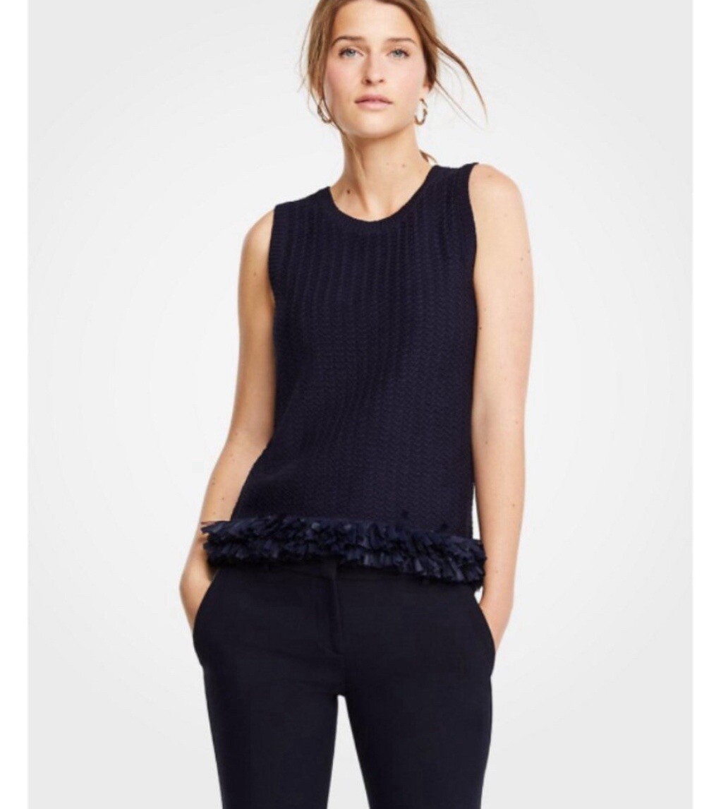 Ann Taylor sleeveless Shell sweater top XSMALL blue knit fringe Hem Womens NWT