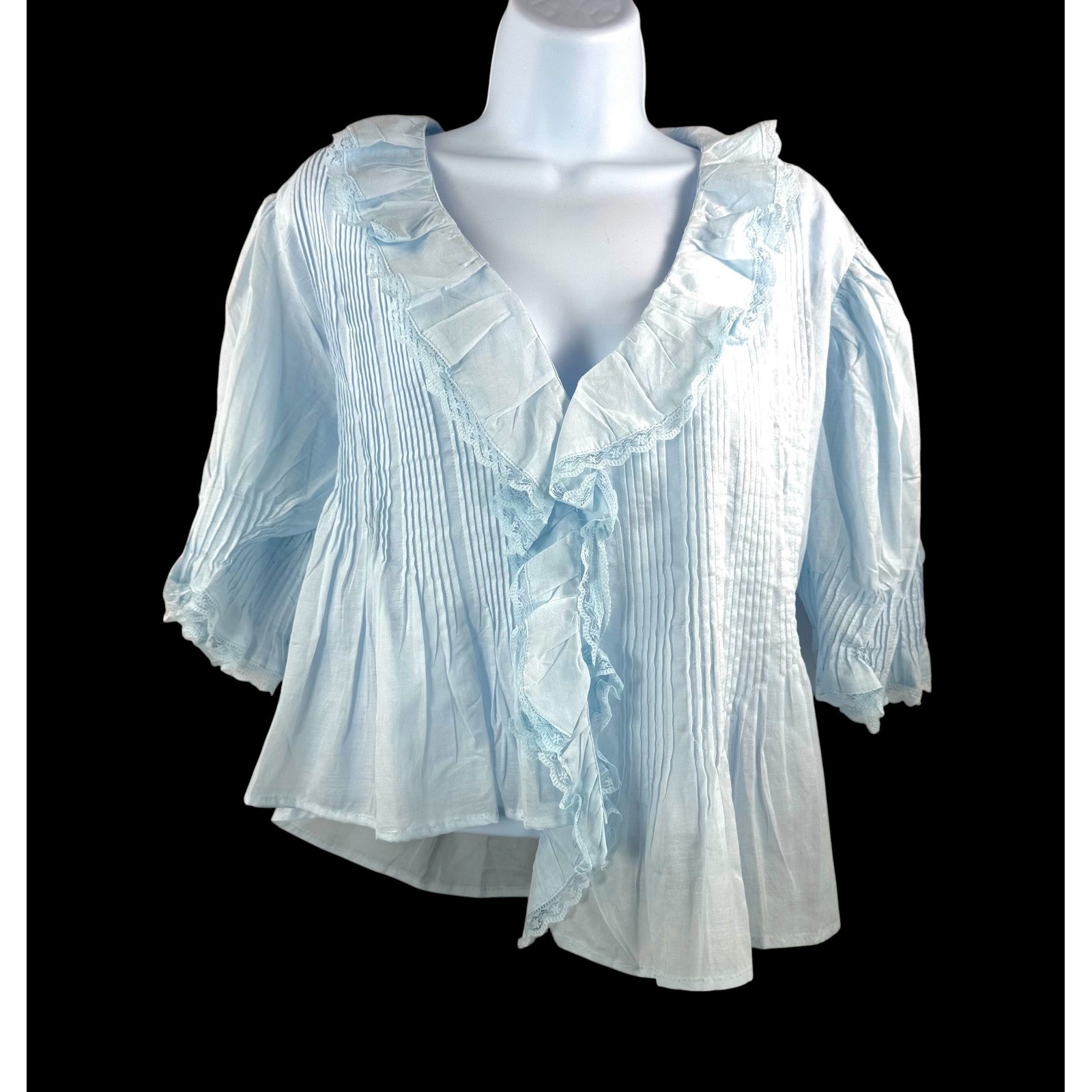 Muse Republic Clothing Blouse sz XL Blue Pintuck Ruffle Lace coquette