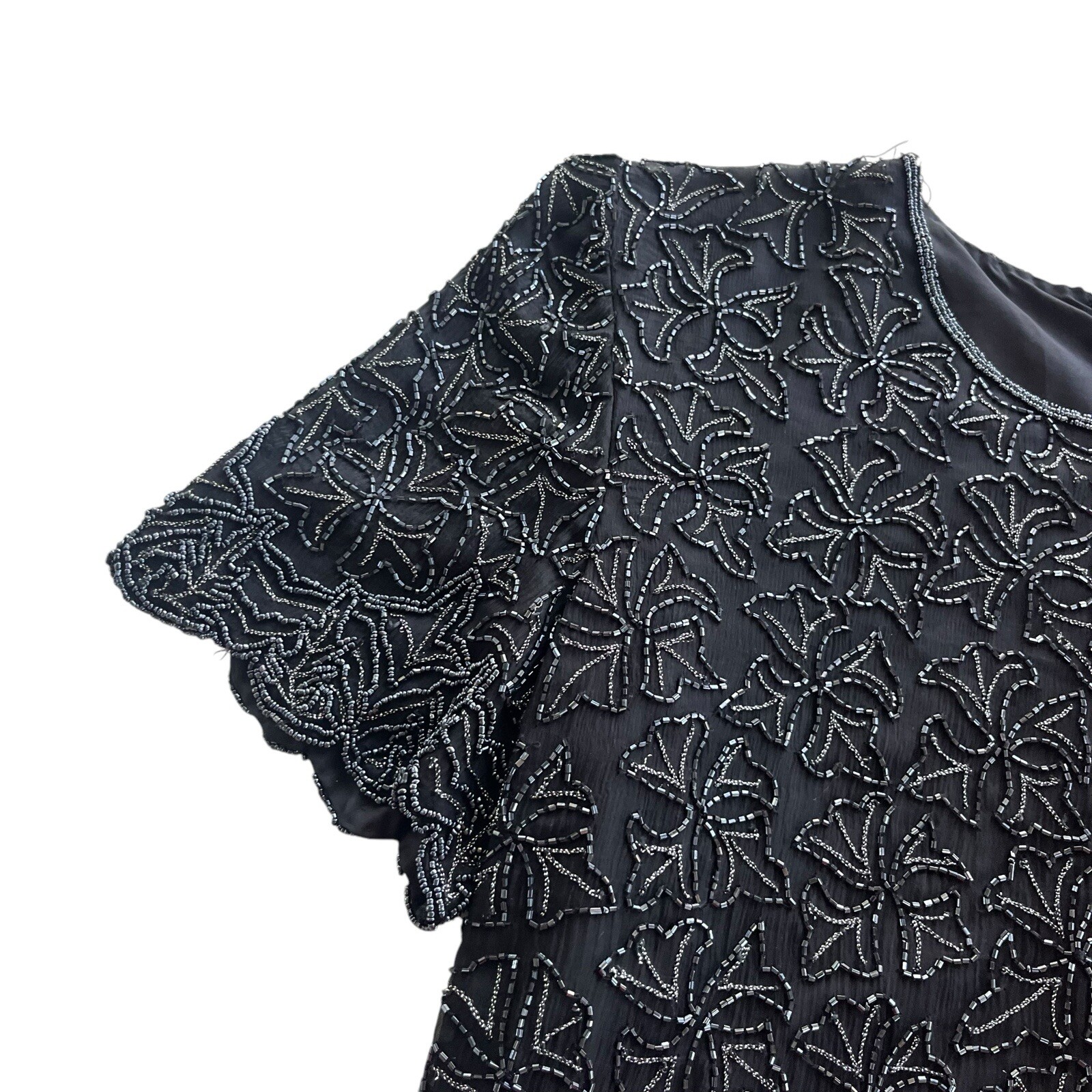Papell Boutique Evening Women Large Black 100% Silk Beaded Floral Pattern Blouse