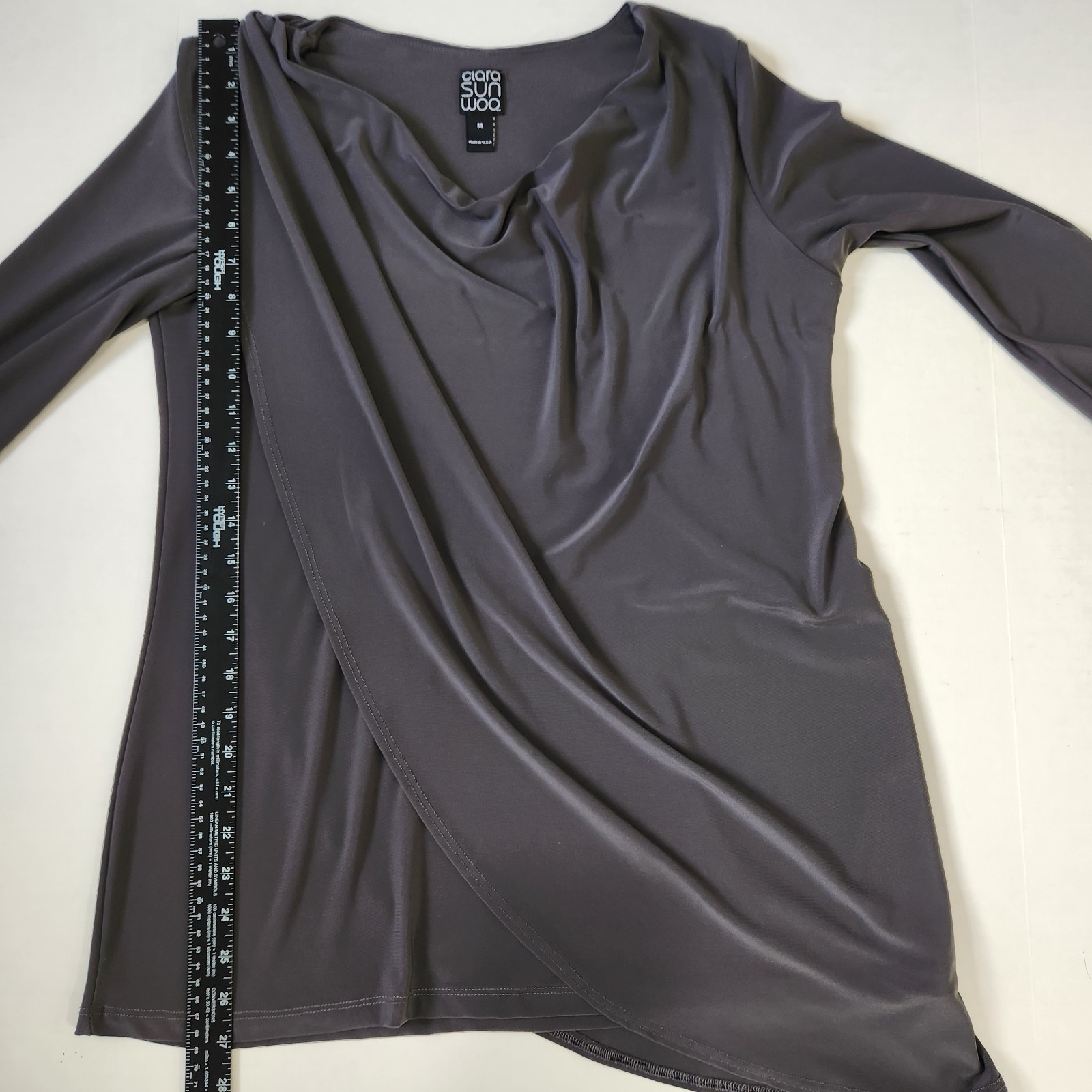 Clara Sun Woo Drape Front Tunic Blouse M Gray Slinky 3/4 Sleeve USA Made