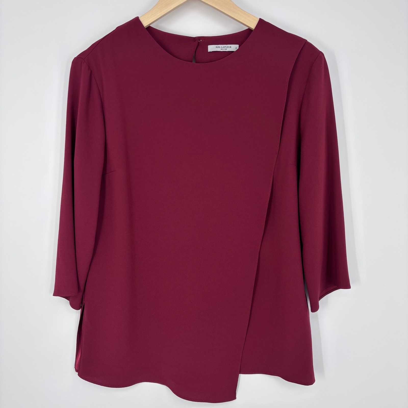 MM LaFleur The Bourgeois Top Womens Small Burgundy Asymmetric 3/4 Sleeve Blouse