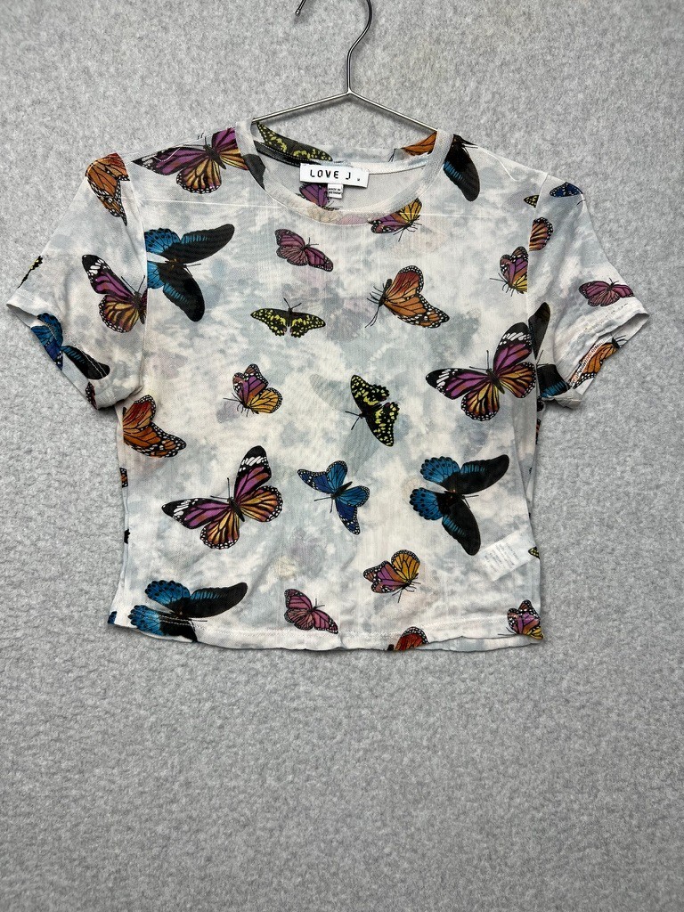 Y2k 90s Sheer mesh Mini butterfly Crop top M colorful Rainbow Art Whimsygoth
