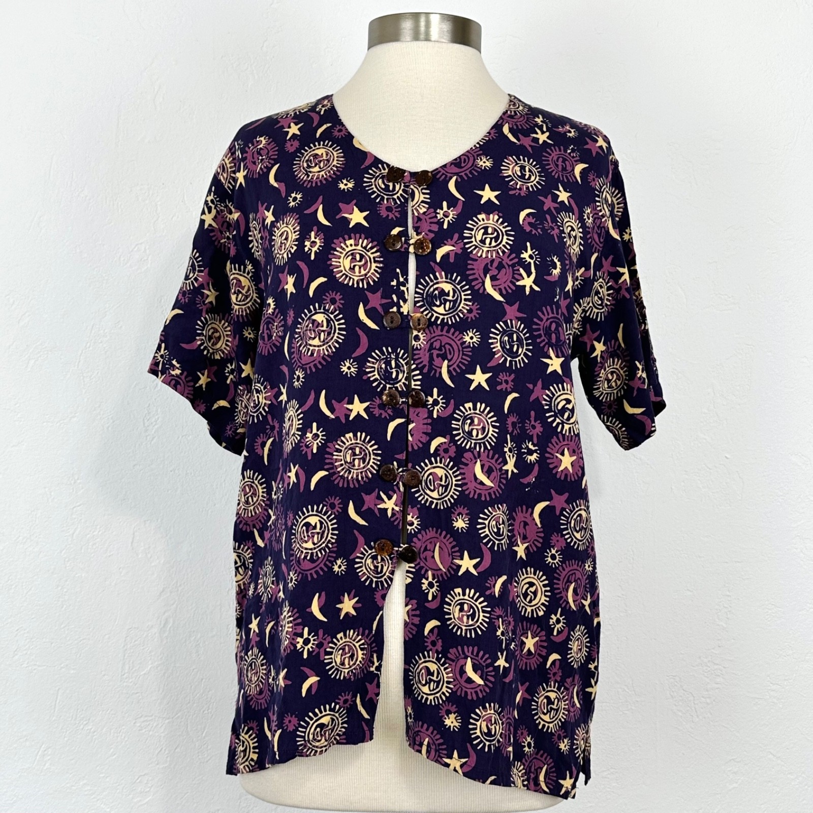 Womens Boho Hippie Whimsical Top Sz Small Celestial Moon Sun Stars Oversized
