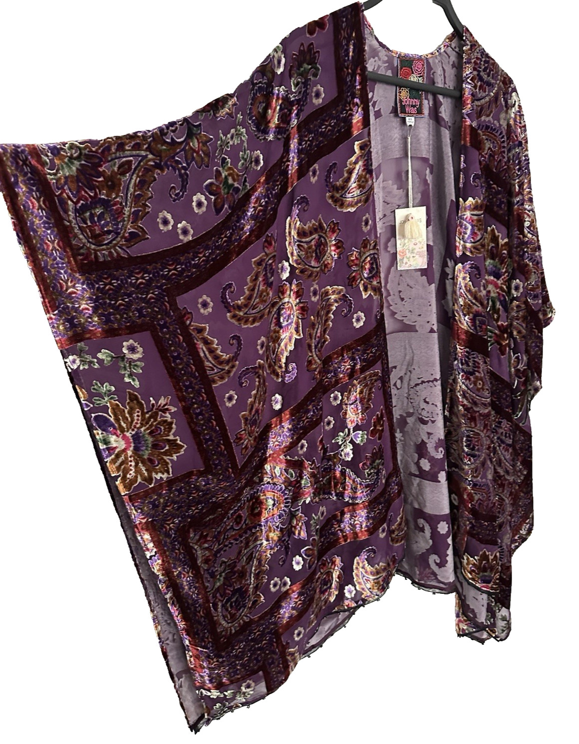 Johnny Was Domitila Burnout Velvet Shawl Wrap One Size Silk Rayon Beads NWT $255